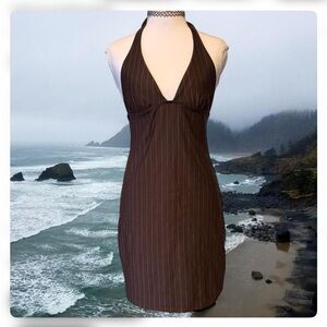 Elegant Brown Pinstripe Halter Dress